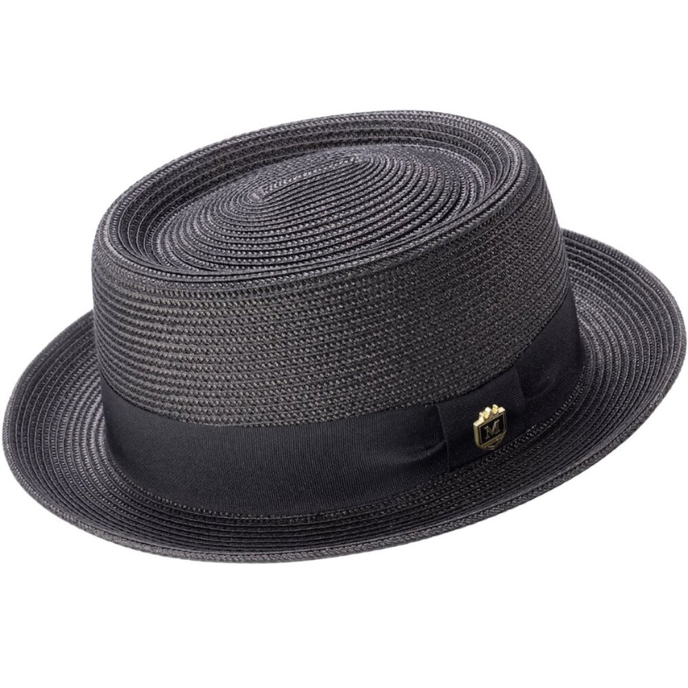 Montique Men’s Solid Black Straw Pork Pie Hat.         H95